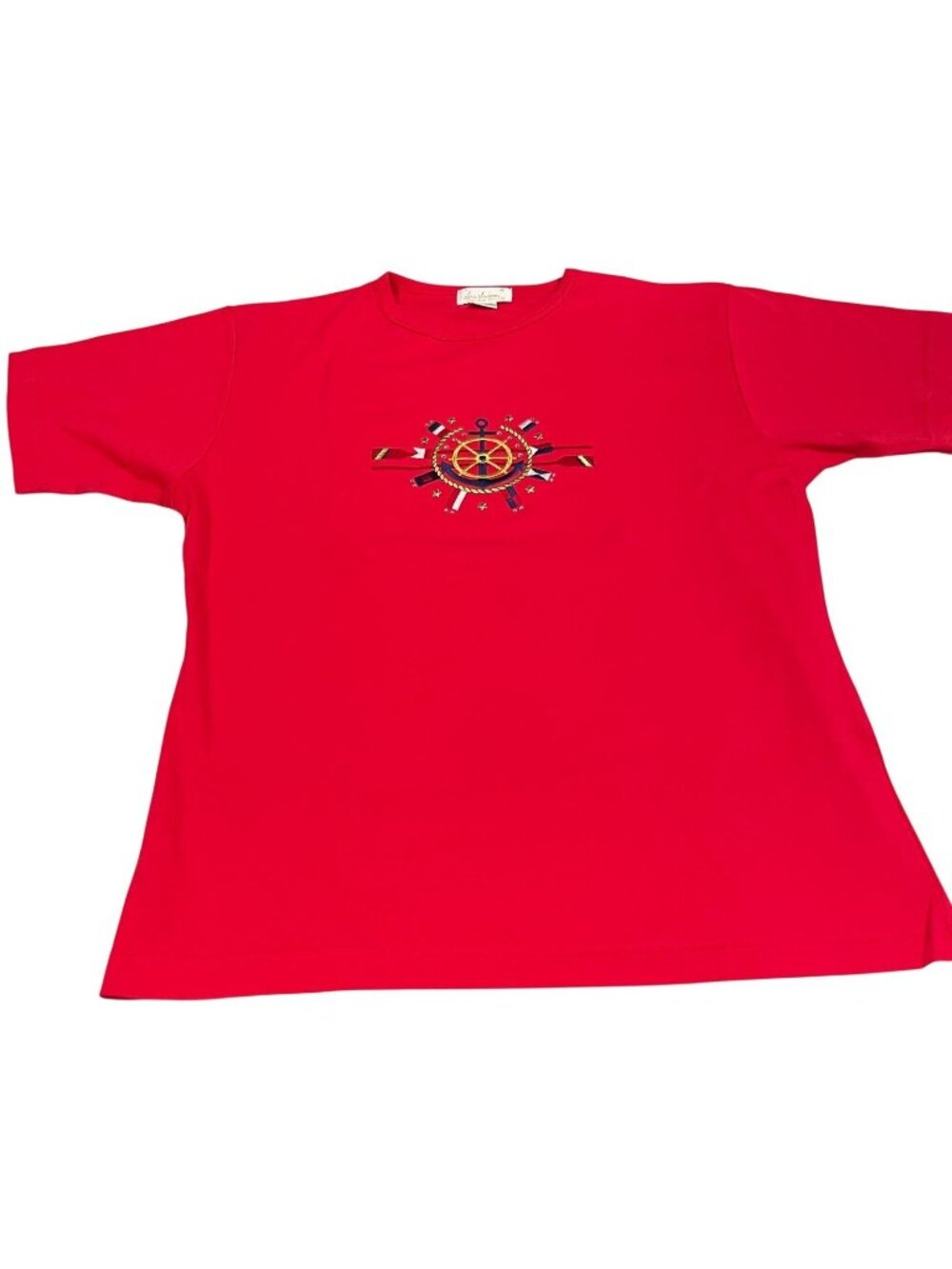 Vintage 90s Tara Vanessa Embroidered Top S/M Red Vibrant Nautical Sailor Chic
